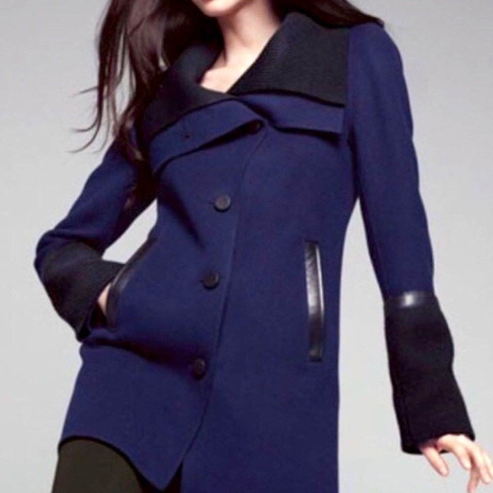 Mackage Navy Wool Blend Pea Coat Knit Collar Jacket Medium - Picture 3 of 13